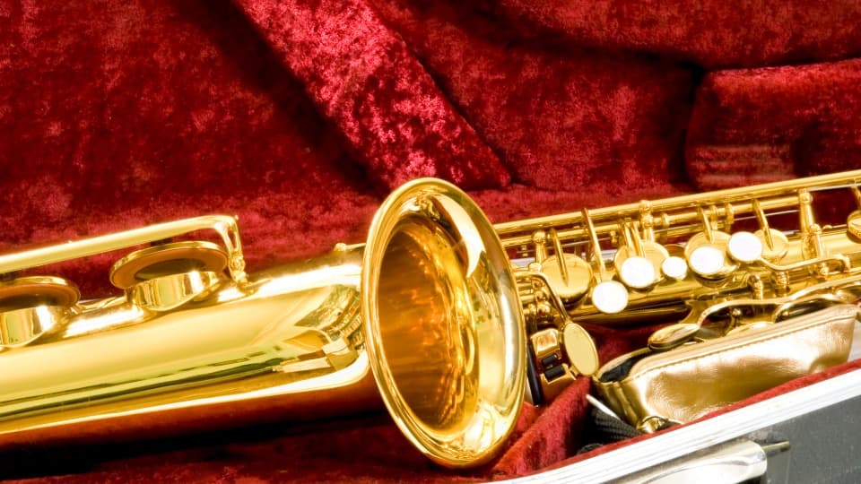 Ein goldenes Saxophon liegt sicher und passgenau eingebettet in einem gepolsterten Instrumentenkoffer für den Transport mit DACHSER & KOLB.