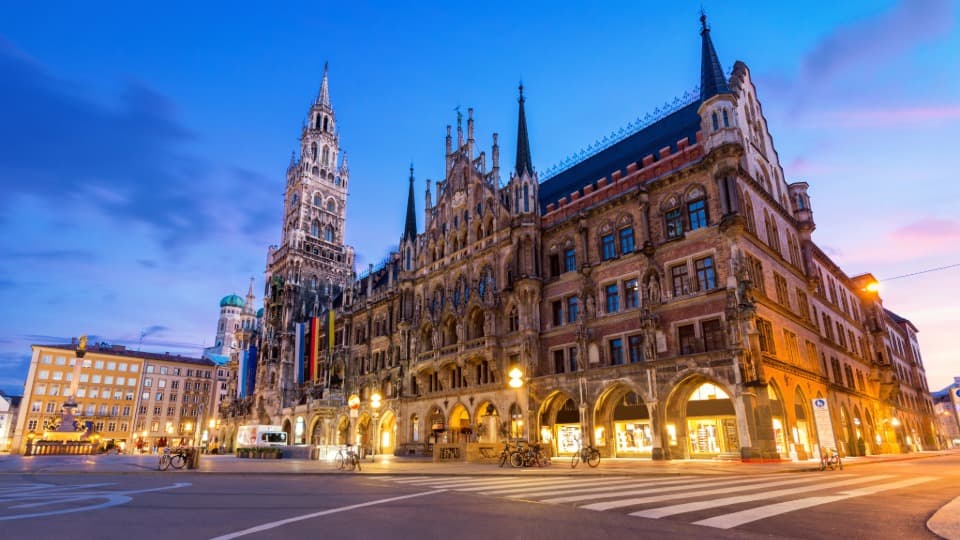 Marienplatz in Munich at twilight – safety tips for busy squares and transportation hubs in Germany.