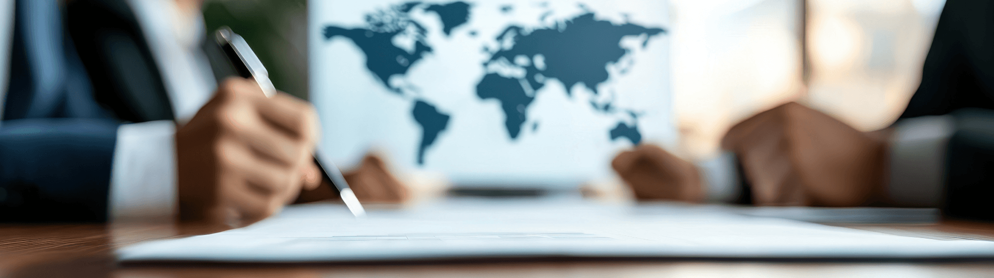 Businesspeople planning international locations with a world map in the background.