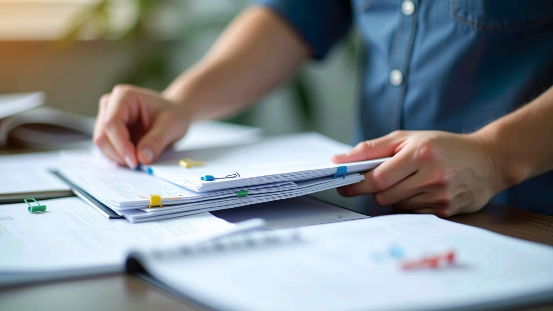 Hands reviewing a stack of documents on a desk – TEU planning and shipping paperwork
