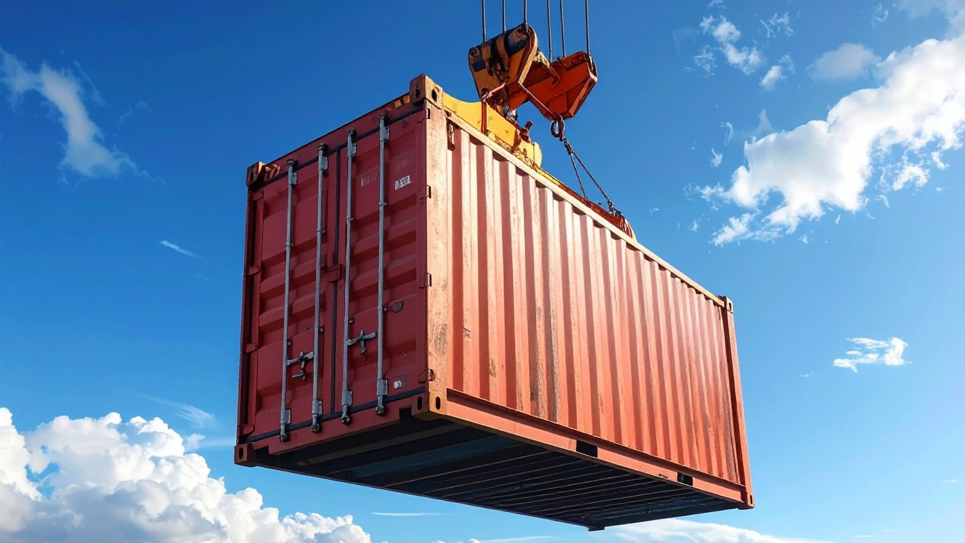 Red shipping container lifted by crane against blue sky – TEU container logistics