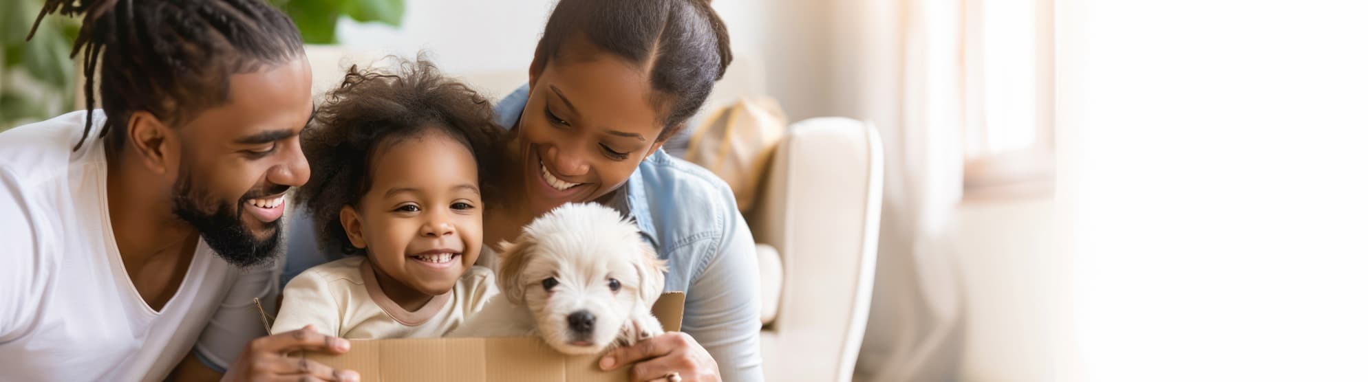 Family with child and small dog in a moving box at home, symbolic image for pet relocation