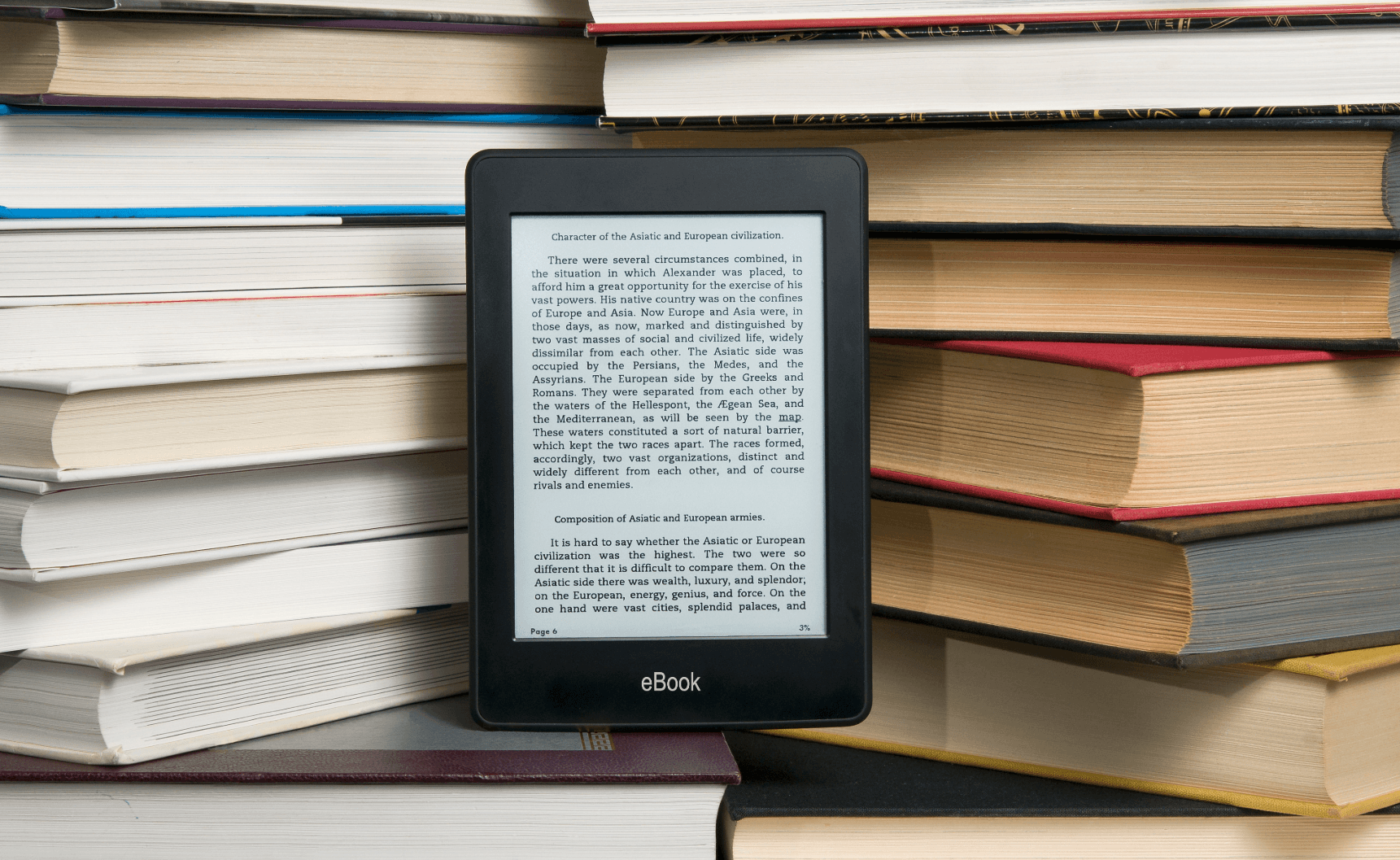 eBook reader among books – space-saving alternative when moving into a smaller apartment
