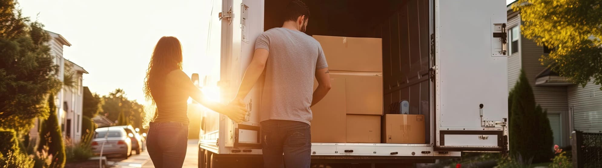 Couple loading moving boxes into a truck