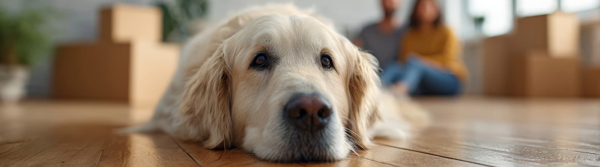 Dog lying among moving boxes – symbolizing a stress-free move with pets.