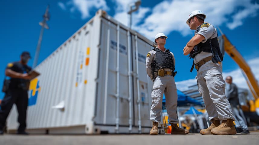 Customs officers inspecting container during T1 customs clearance for relocation