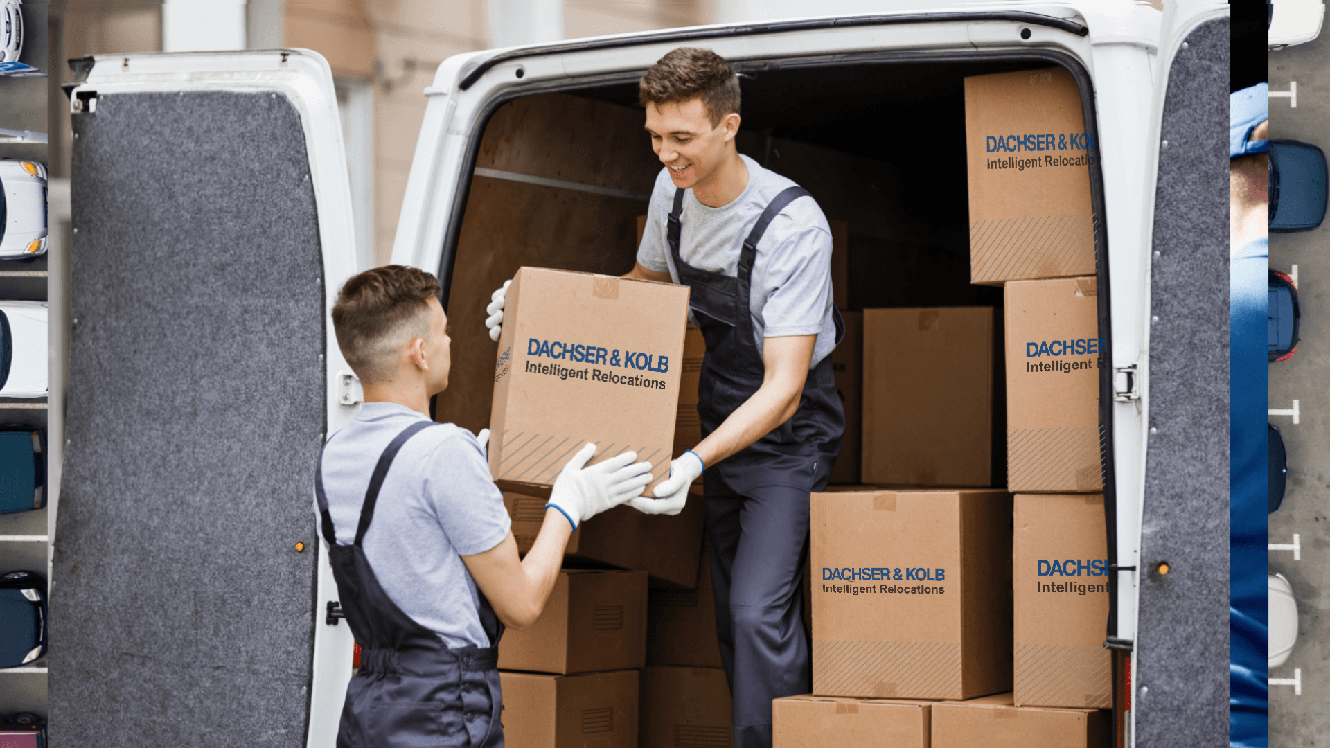 Two movers load boxes into a moving van – rent affordable moving truck for a stress-free relocation