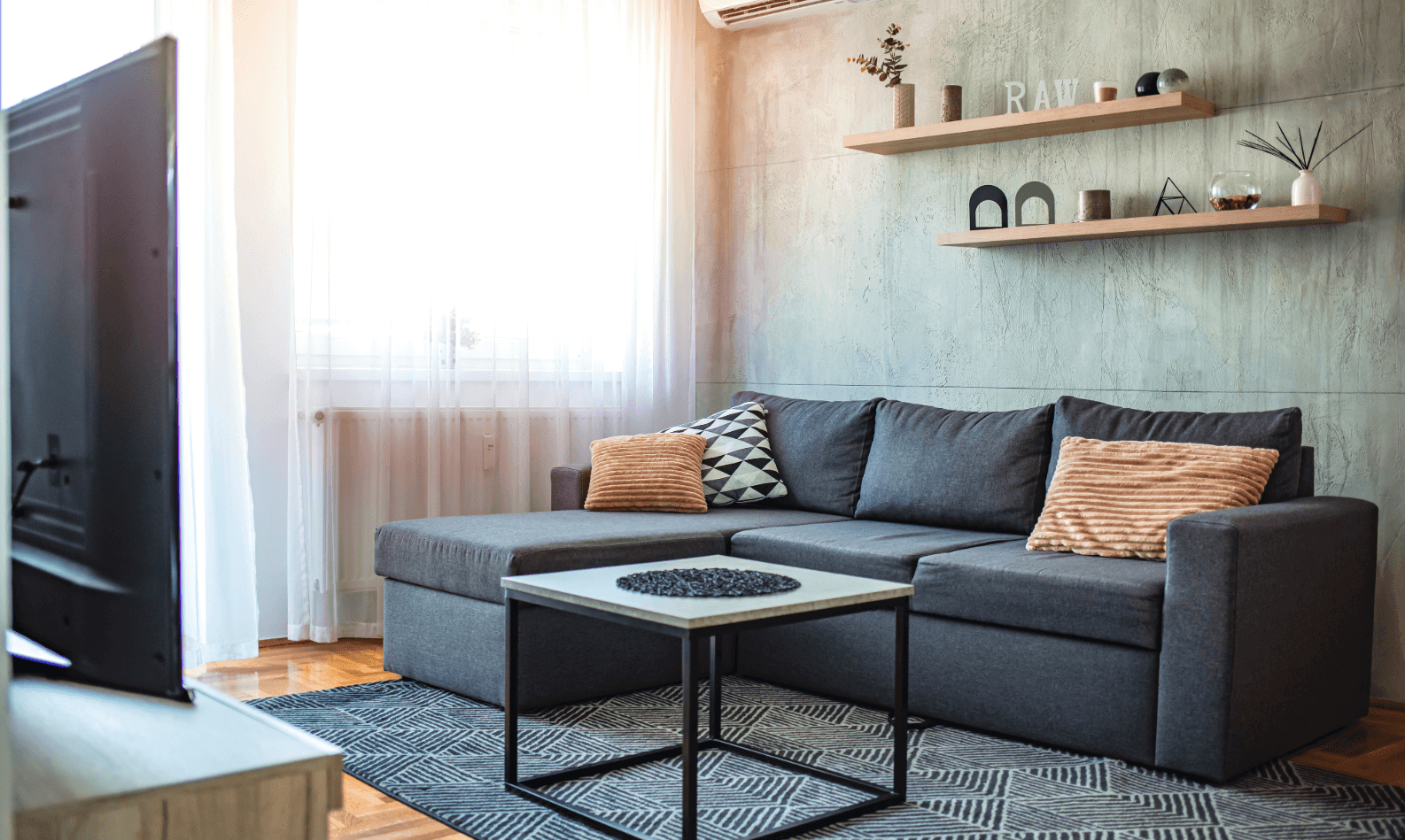 Modern eingerichtetes Wohnzimmer mit grauem Sofa – minimalistischer Wohntrend in Großstädten