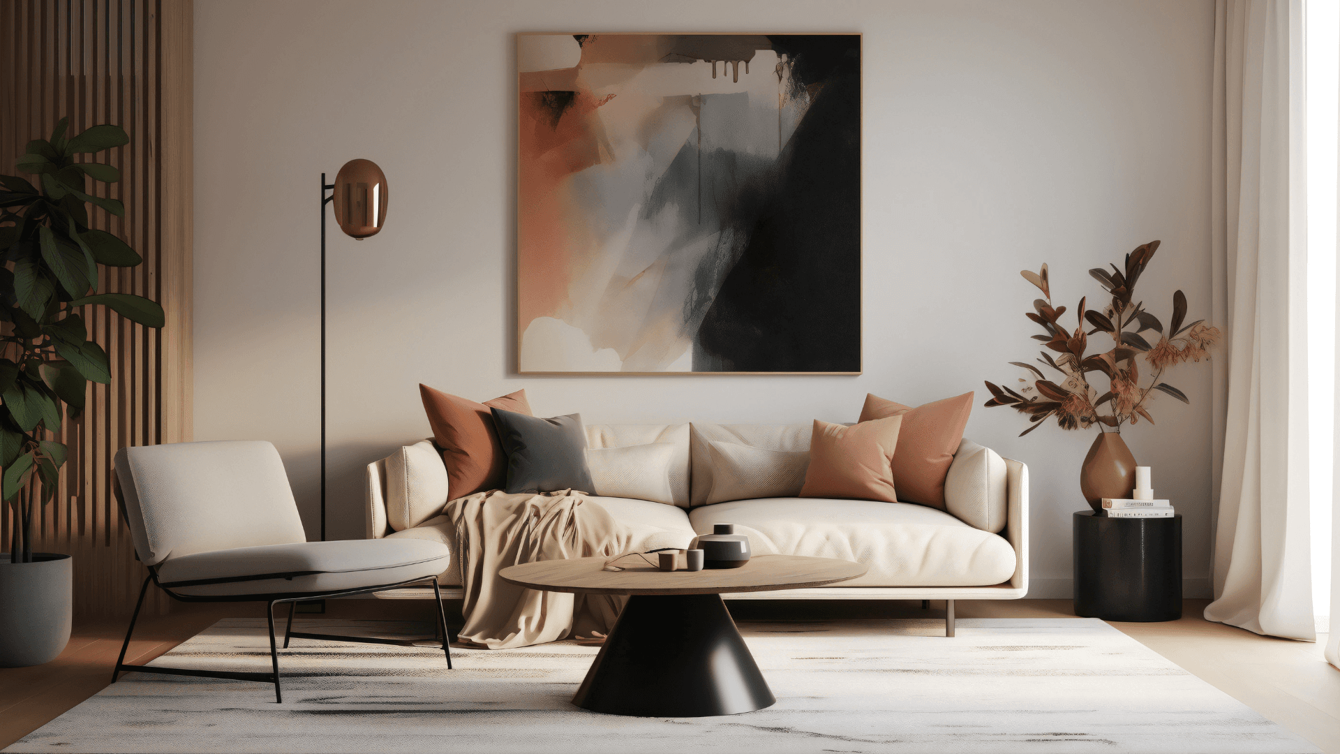 Stilvolles Wohnzimmer mit modernem Design und Kunst – Wohntrends in Großstädten barrierefrei umgesetzt