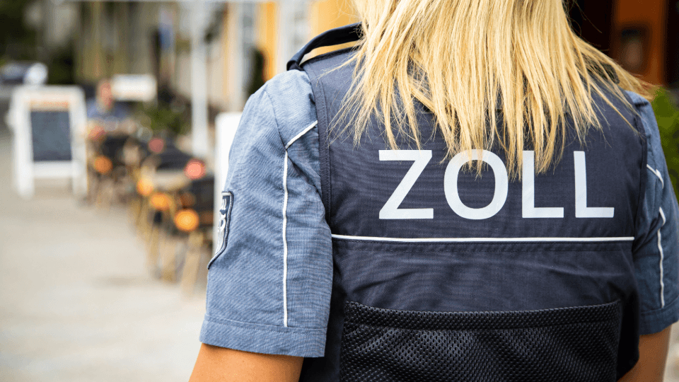 Person in high-visibility vest standing in front of containers, ready for customs inspection at the port