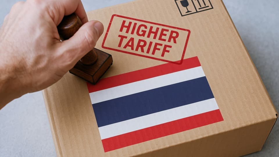 Package with Thai flag and “Higher Tariff” stamp – symbolizing higher customs duties when moving to Thailand.