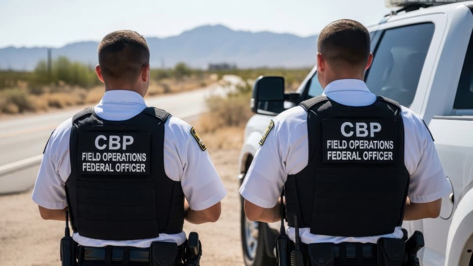 Two CBP officers conducting a desert roadside check – symbolizing customs procedures for a move to the USA.