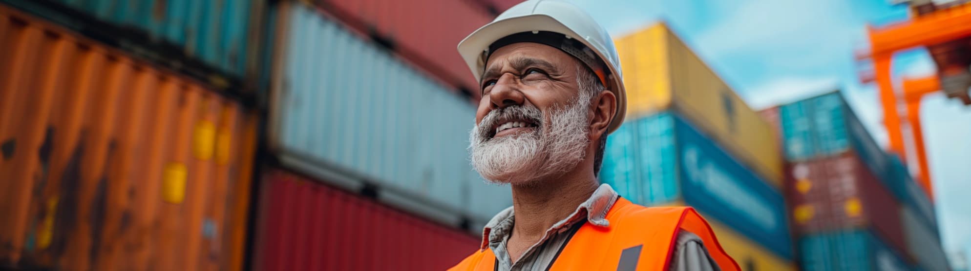 Port worker in front of containers for customs regulations when moving to India